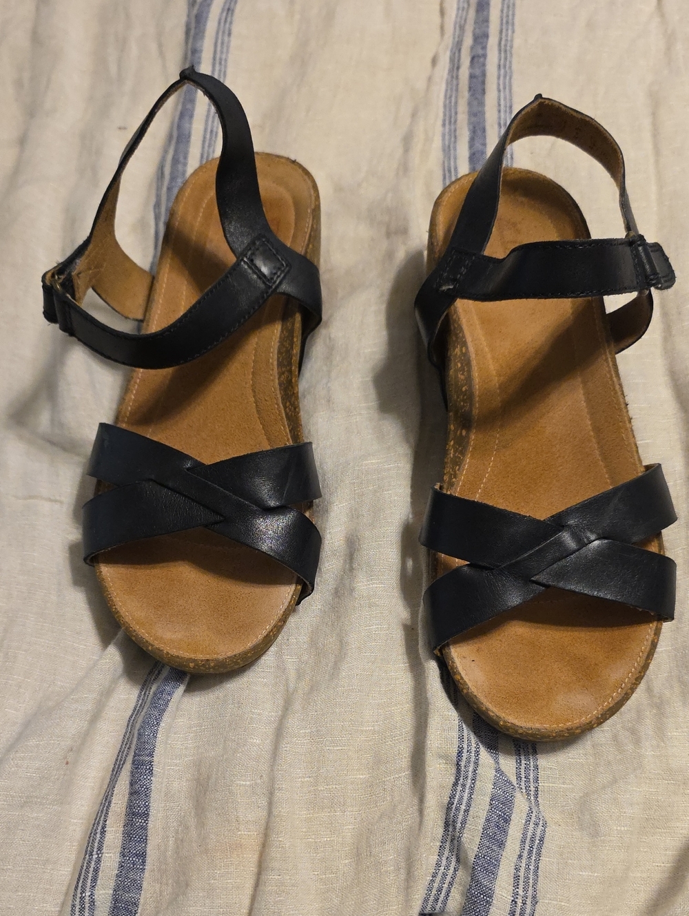 Clarks Black Leather Cross-Strap Slingback Wedge Sandals